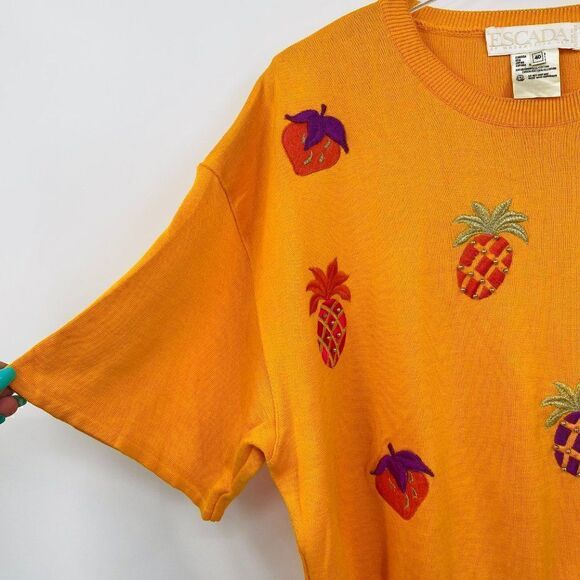 Vintage Escada Size 40 Medium Yellow Novelty Fruit Embroidered Sweater Top - Picture 5 of 8